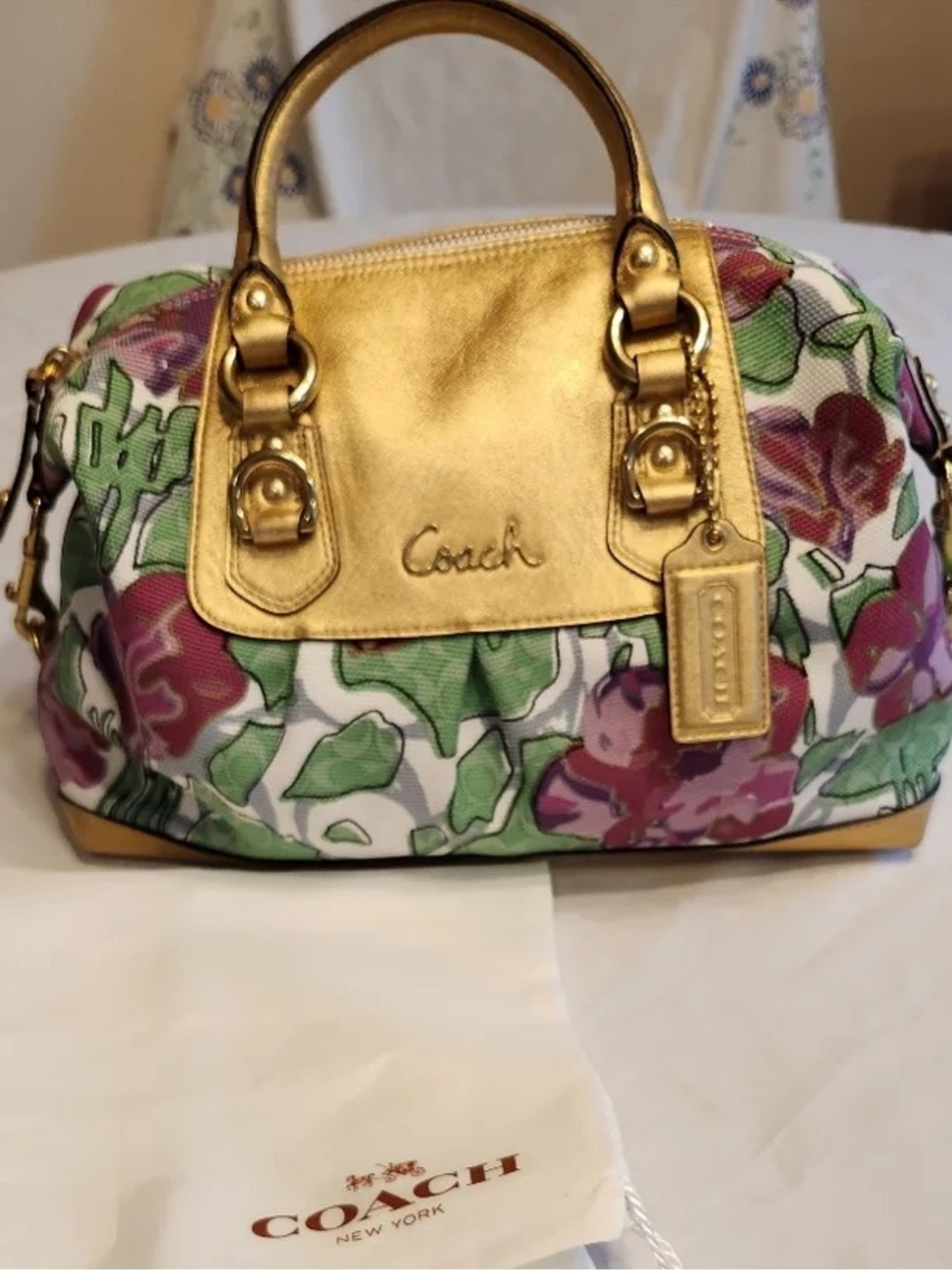 Coach 2010 Ashley Floral Iris Canvas and Metallic Gold Leather Satchel NWOT